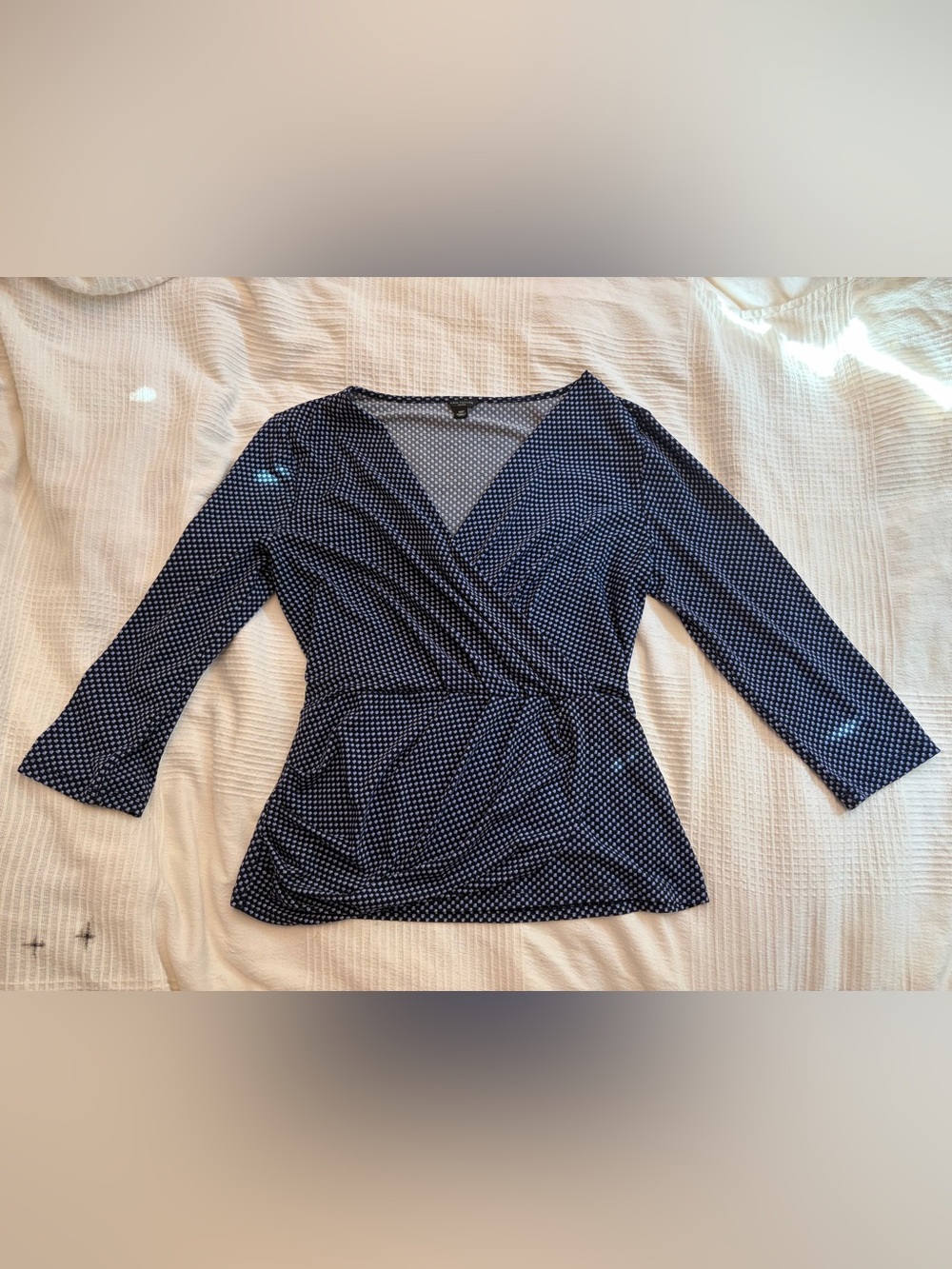 Ann Taylor Navy and White Polka Dot Wrap-Front Long Sleeve Top